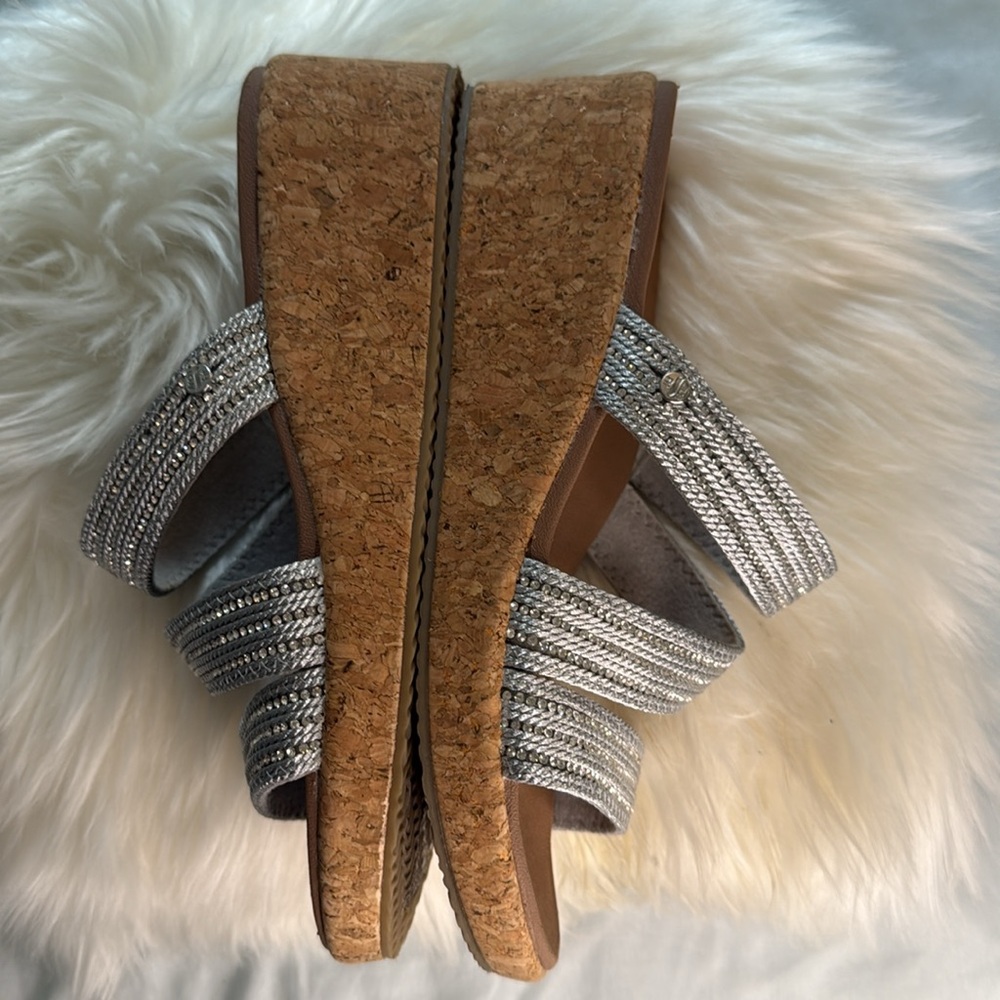 Skechers Silver Rhinestone Slide Wedge Sandals Cork Heel - Picture 6 of 12